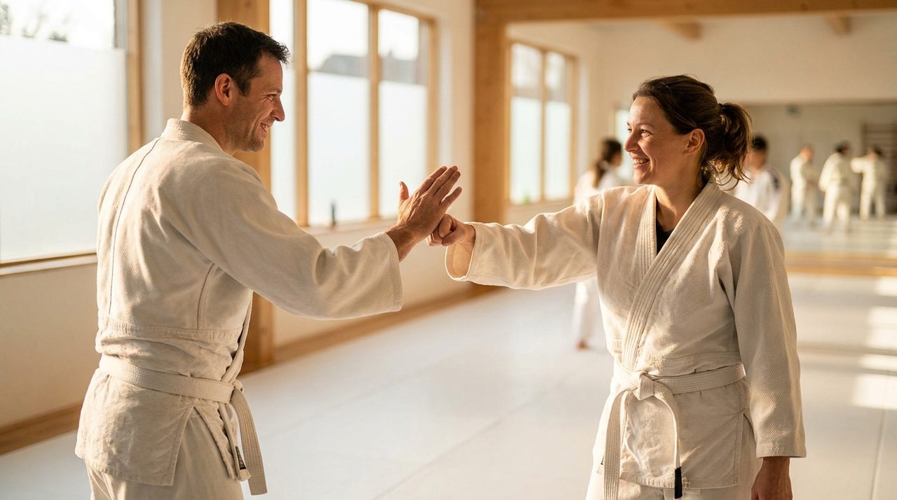 Adult beginners drilling Brazilian Jiu-Jitsu during their first week of training.