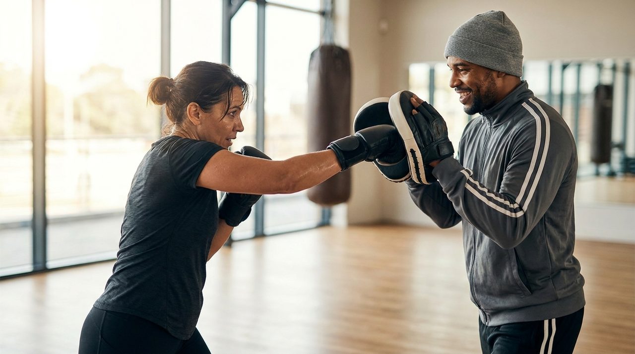 A beginner practicing Muay Thai strikes on pads with a coach.