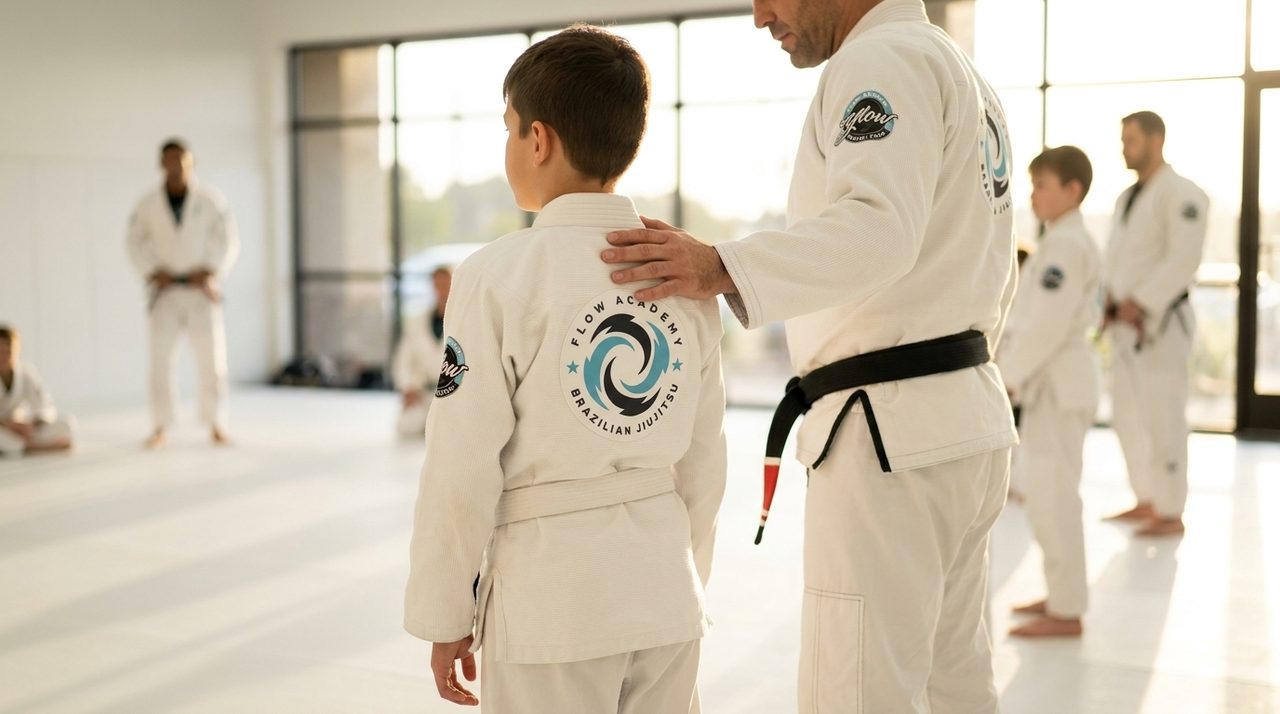 A young student standing tall and confident on the mat beside a coach at the academy.