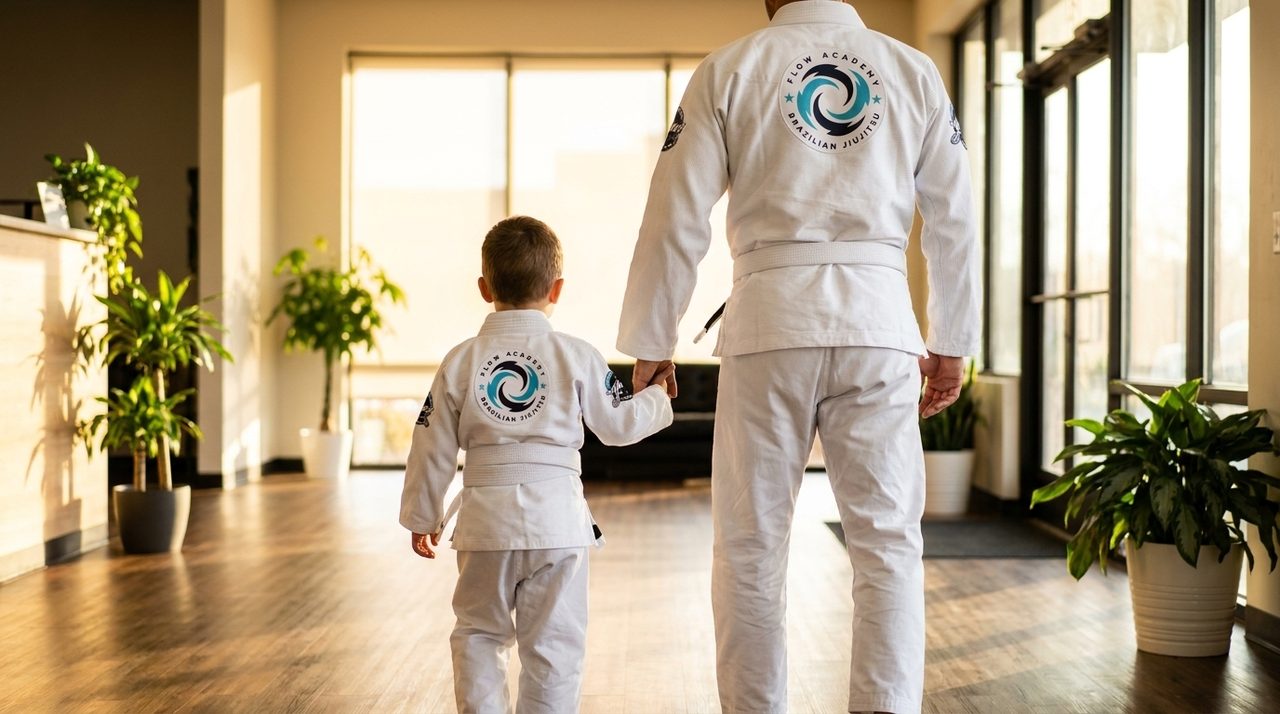 A parent and child in Flow Academy gis walking hand-in-hand into the academy lobby.
