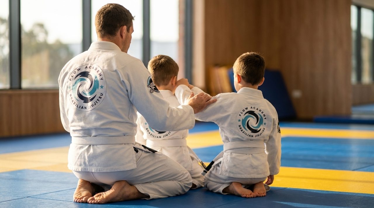 A coach kneeling on the mats with two young students, all three photographed from behind in Flow Academy gis.