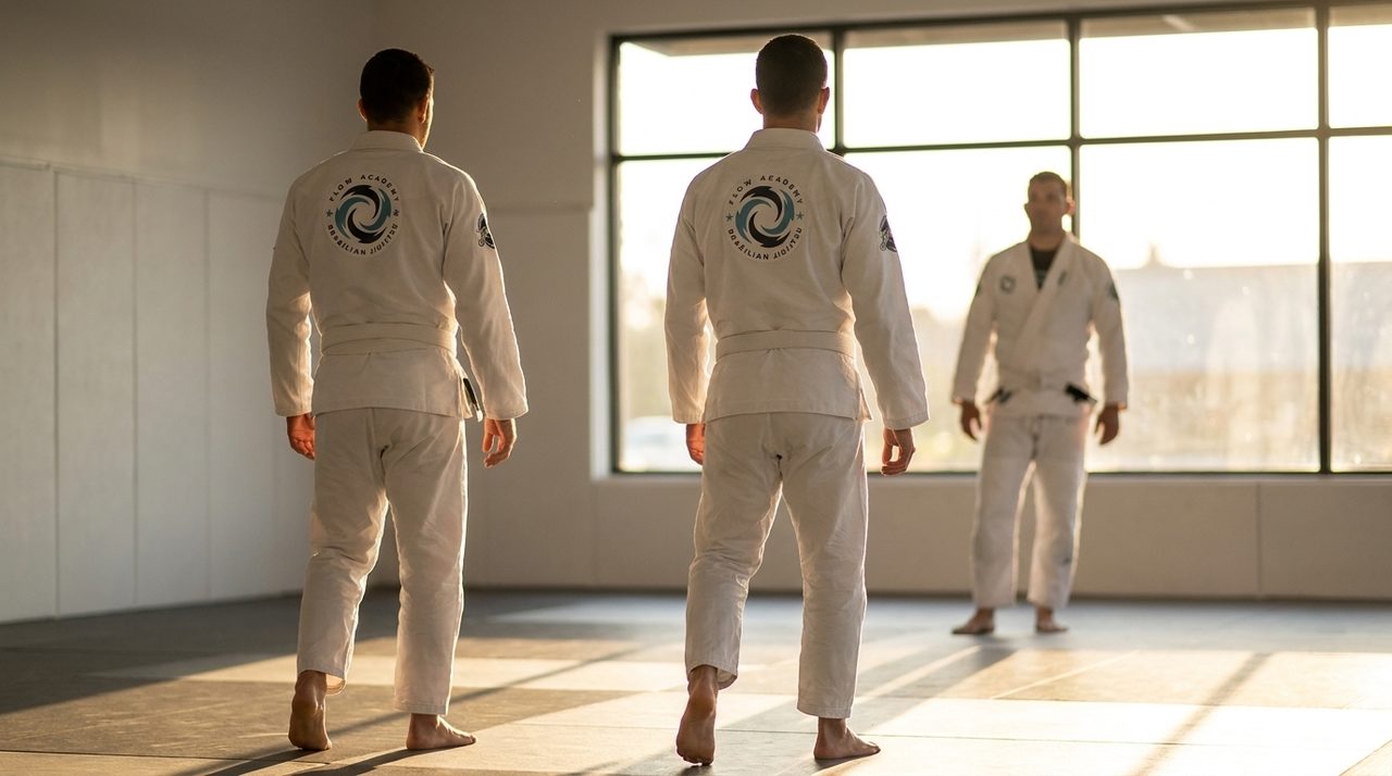 Two adult students in white Flow Academy gis walking onto bright mats at sunrise, photographed from behind.
