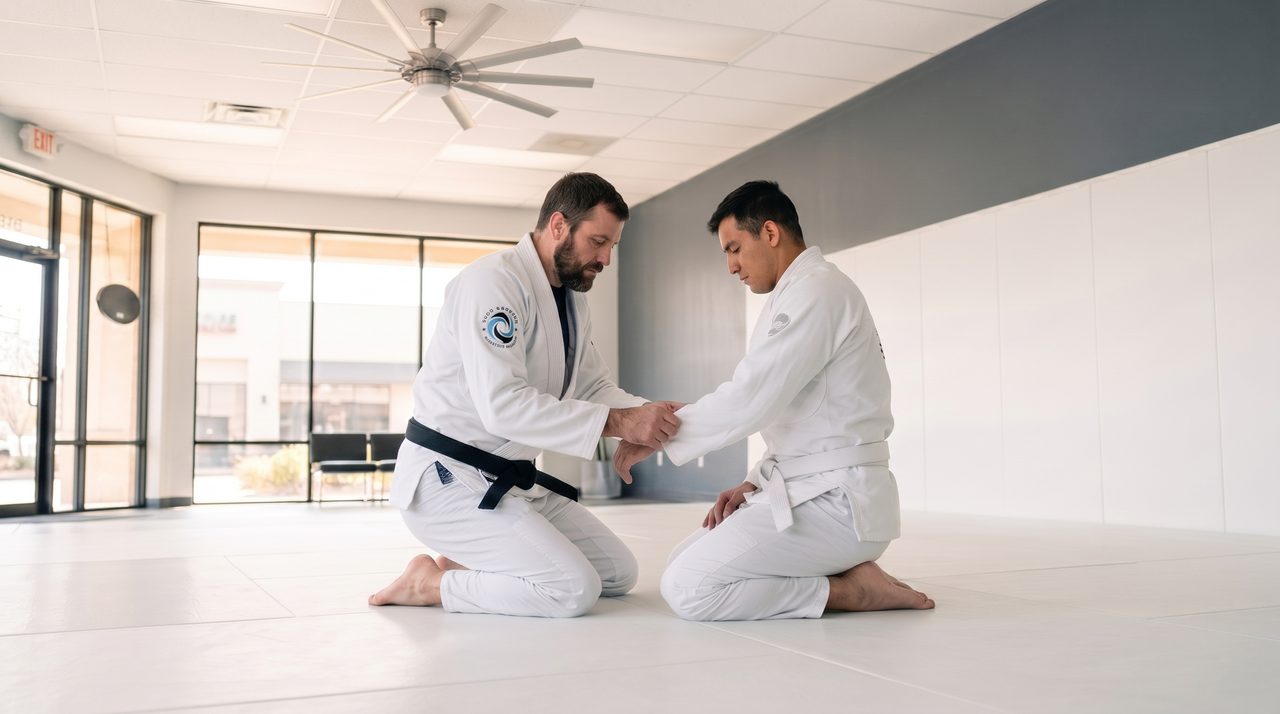 A coach kneeling on the mat with an adult student in white Flow Academy gis, checking hand position during a Jiu-Jitsu drill.