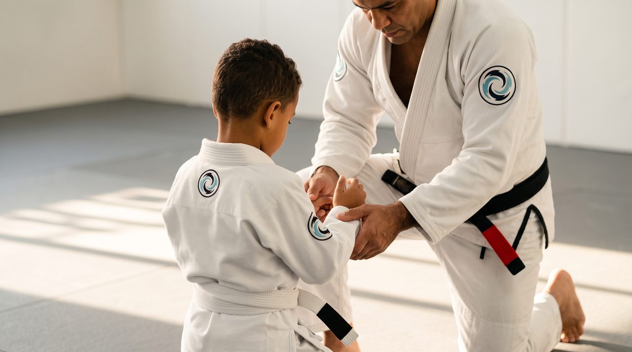 A child in a white Flow Academy gi photographed from behind, drilling with a kneeling coach on bright mats.