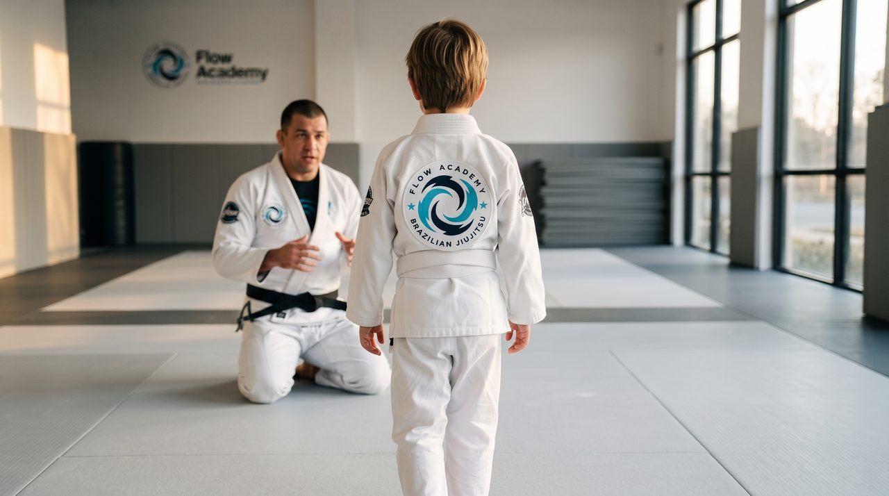 A child in a white Flow Academy gi photographed from behind, walking onto the mats toward a kneeling coach.