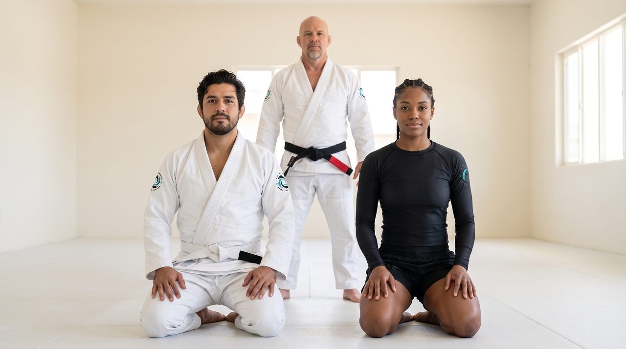 Two adult students in white Flow Academy gis kneeling on bright mats and bumping fists before a drill, with an anonymous black-belt coach visible from behind.