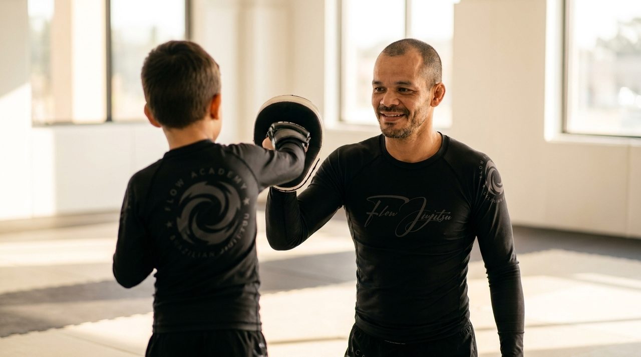 A young student in a black Flow Academy rashguard, photographed from behind, throwing a jab at a Thai pad held by Coach Adrian in a bright, modern training room.