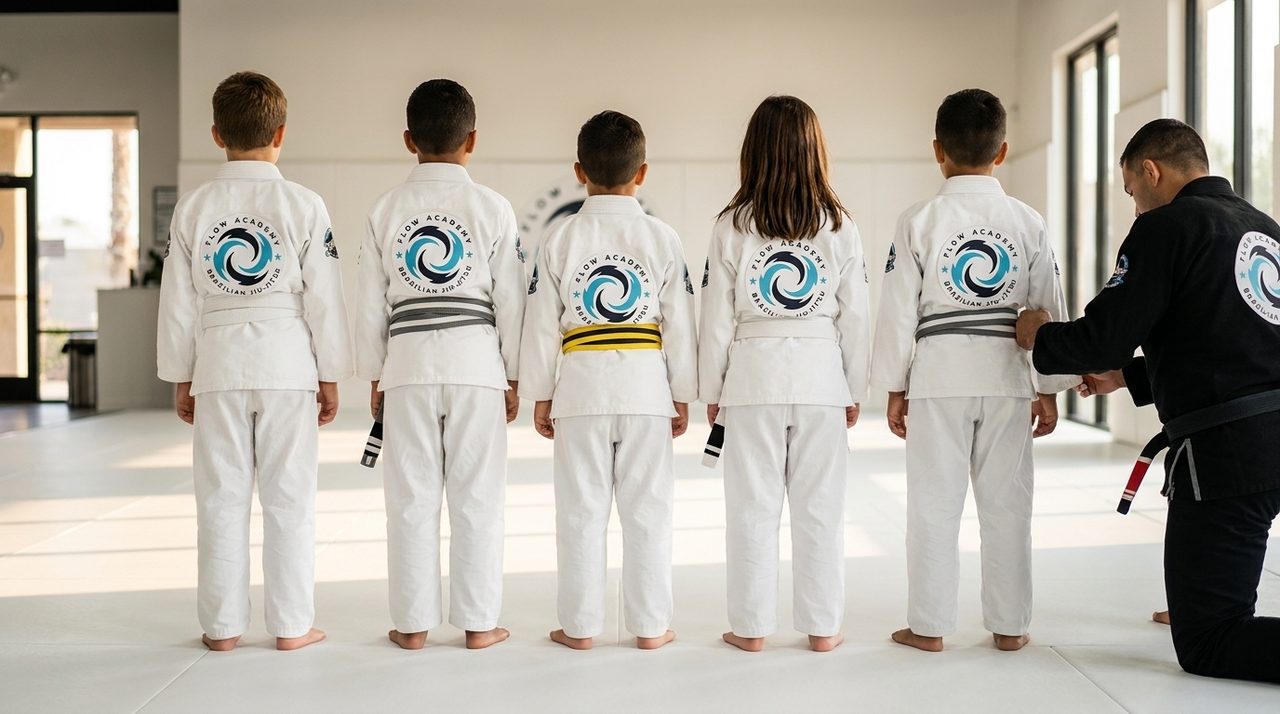Six children in white, gray, and yellow Flow Academy gis standing in a line with their backs to the camera, one being adjusted by a kneeling black-belt coach on bright mats.