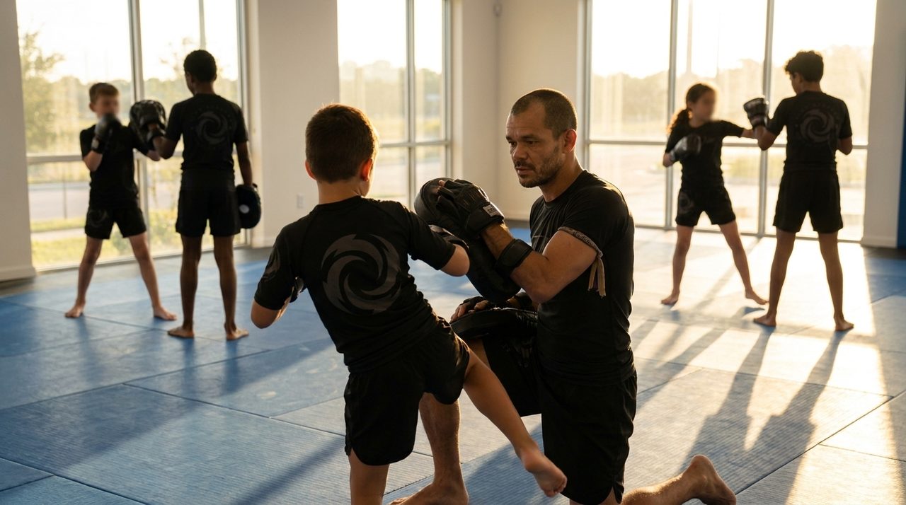 A child in a black Flow Academy Muay Thai rashguard, photographed from behind, throwing a kick at a Thai pad held by Coach Adrian, with other students working pads in the background on bright mats.