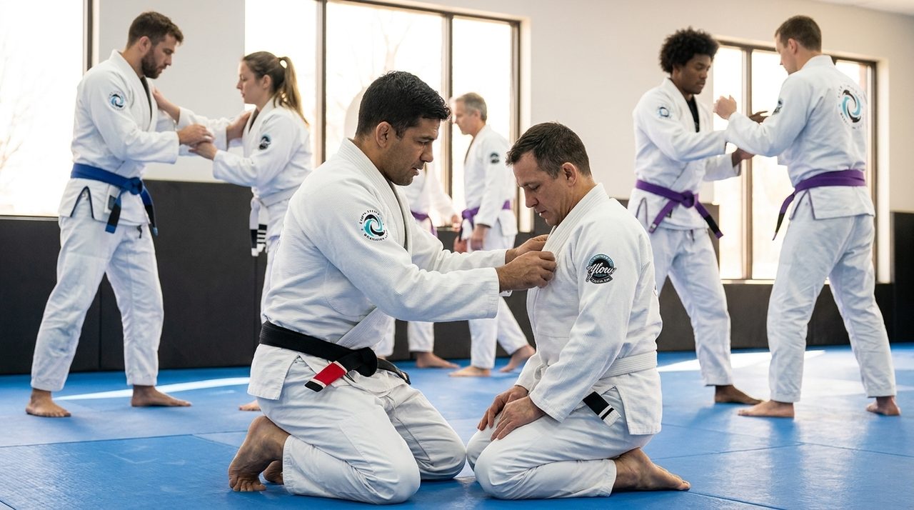 An anonymous black-belt coach kneeling on bright mats beside an adult white-belt student, adjusting his grip during a technique drill, with other adult students in blue and purple Flow Academy gis training in pairs in the background.
