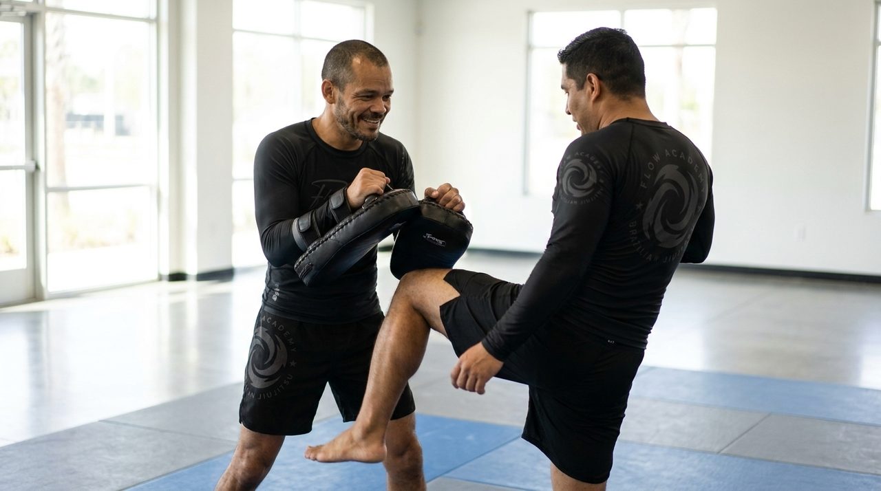 Coach Adrian, in a black Flow Academy no-gi rashguard and shorts, holding curved Thai pads for an adult student mid-kick in a bright, empty modern training room.