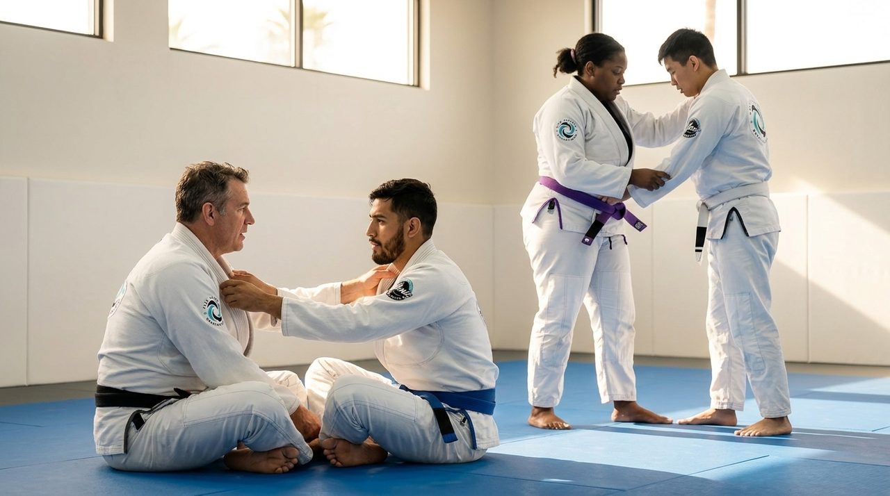 Four adult students in white Flow Academy gis training together on bright blue mats during an open mat session, two seated adjusting a grip and two standing drilling, in a bright, calm academy.
