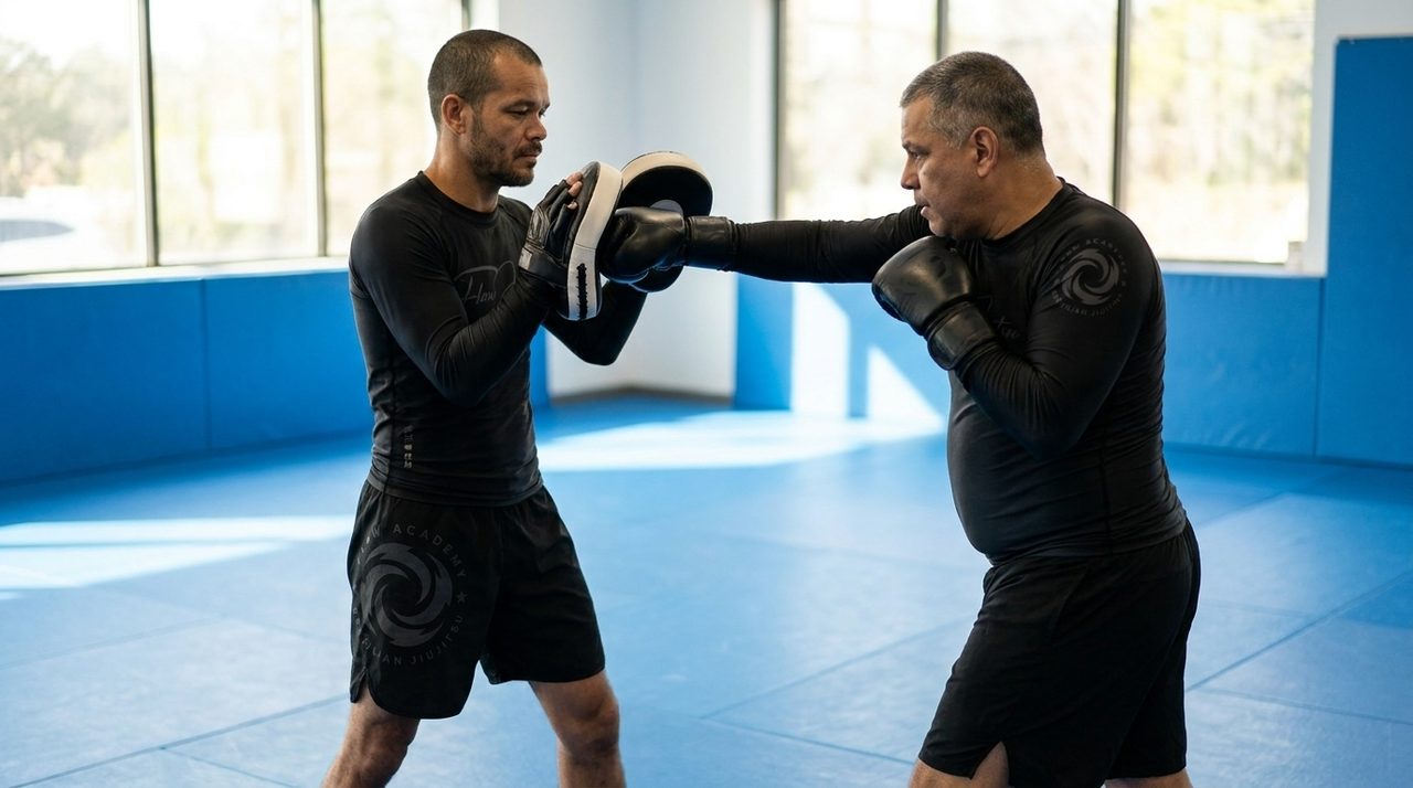 Coach Adrian, in a black Flow Academy no-gi rashguard and shorts, holding Thai pads for a heavier-set adult beginner mid-jab and calmly correcting his stance, in a bright, empty training room with blue mats.
