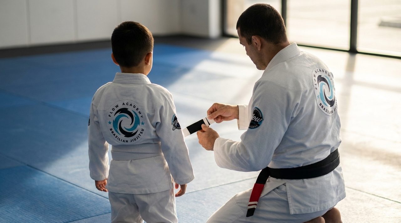 De espaldas a la cámara, un coach de Flow Academy con gi blanco y cinturón negro con barra roja coloca una franja blanca nueva sobre la barra negra del cinturón blanco de un alumno, en un tapete tranquilo.