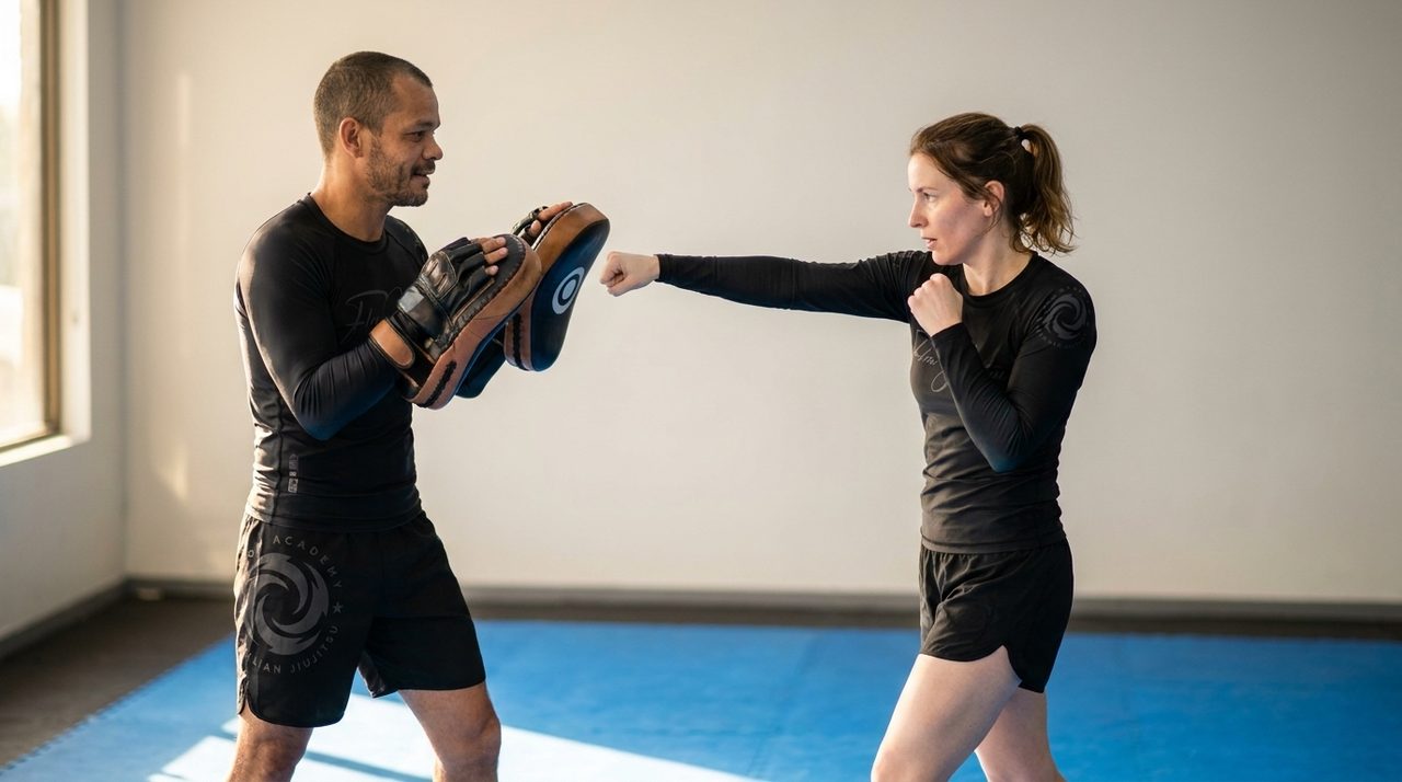 Coach Adrian, in a black Flow Academy no-gi rashguard and shorts, holds curved Thai pads for an adult beginner mid-jab, in a bright, empty training room with a plain wall and blue mats.
