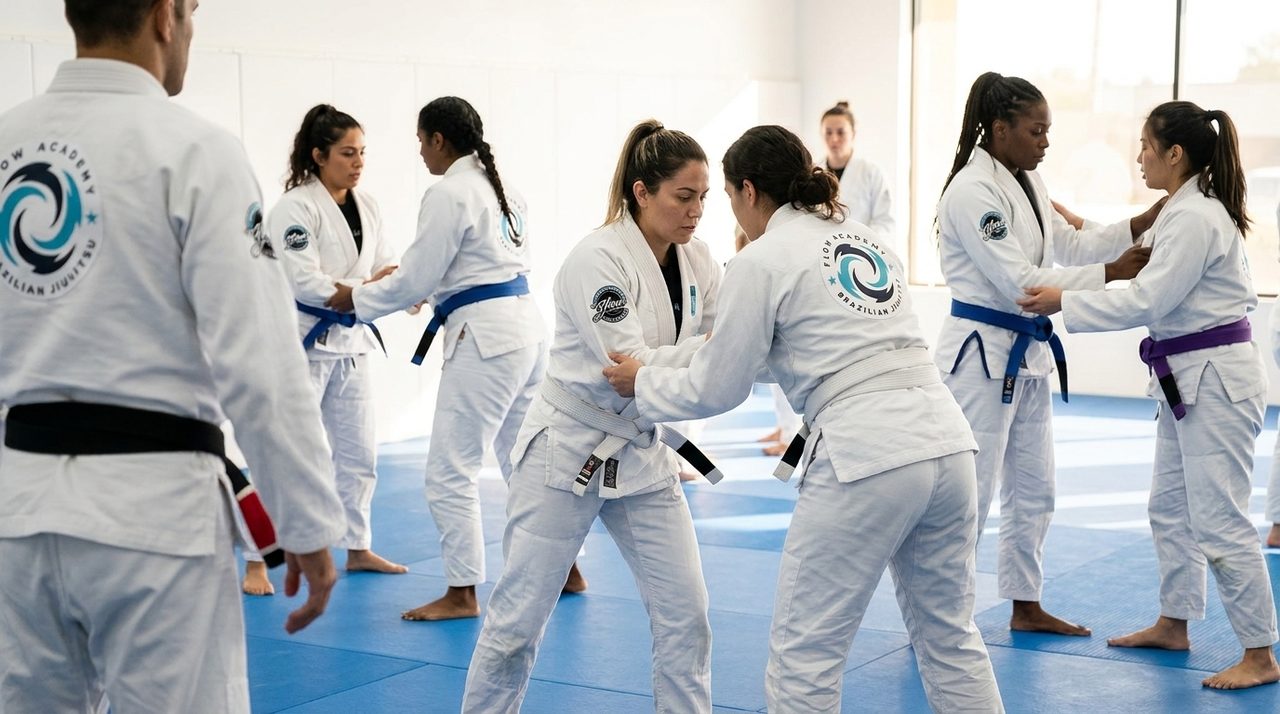 Un grupo de mujeres adultas con gi blanco de Flow Academy entrenando Jiu-Jitsu Brasileño juntas sobre un tapete azul brillante, con un coach cinturón negro anónimo visible de espaldas.