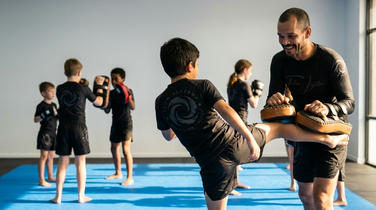Coach Adrian, in a black Flow Academy no-gi rashguard, holds Thai pads for a boy mid-kick, seen from behind, with other children in Flow Academy branded no-gi gear working pads in the background on bright blue mats.