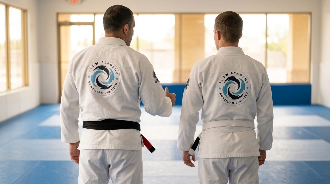 Un coach y un estudiante, ambos con gi blanco de Flow Academy con el parche de la espalda de frente a la cámara, de espaldas a mitad de una instrucción sobre un tapete azul vacío durante una clase privada de Jiu-Jitsu.