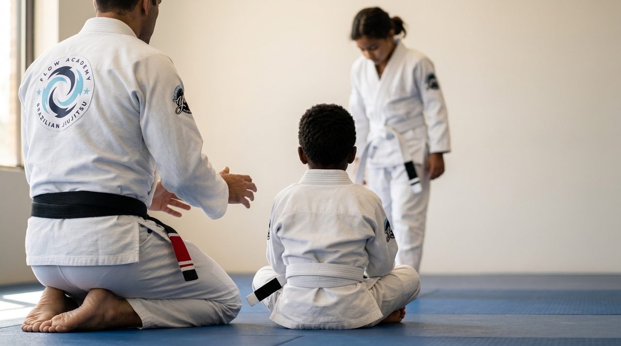Un coach con gi blanco de Flow Academy y cinta negra está hincado sobre tapetes azules, de espaldas a la cámara, mostrando despacio un agarre a un estudiante pequeño sentado con gi blanco, con otra estudiante más atrás, durante una clase de artes marciales adaptadas.