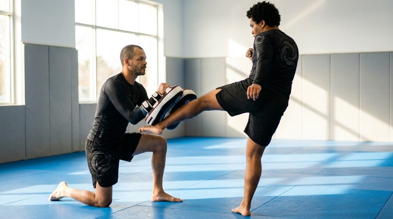 A Muay Thai coach in black Flow Academy no-gi gear kneels holding focus pads for an adult beginner student, also in black Flow gear, throwing a controlled kick on blue mats at Flow Academy BJJ Indio.