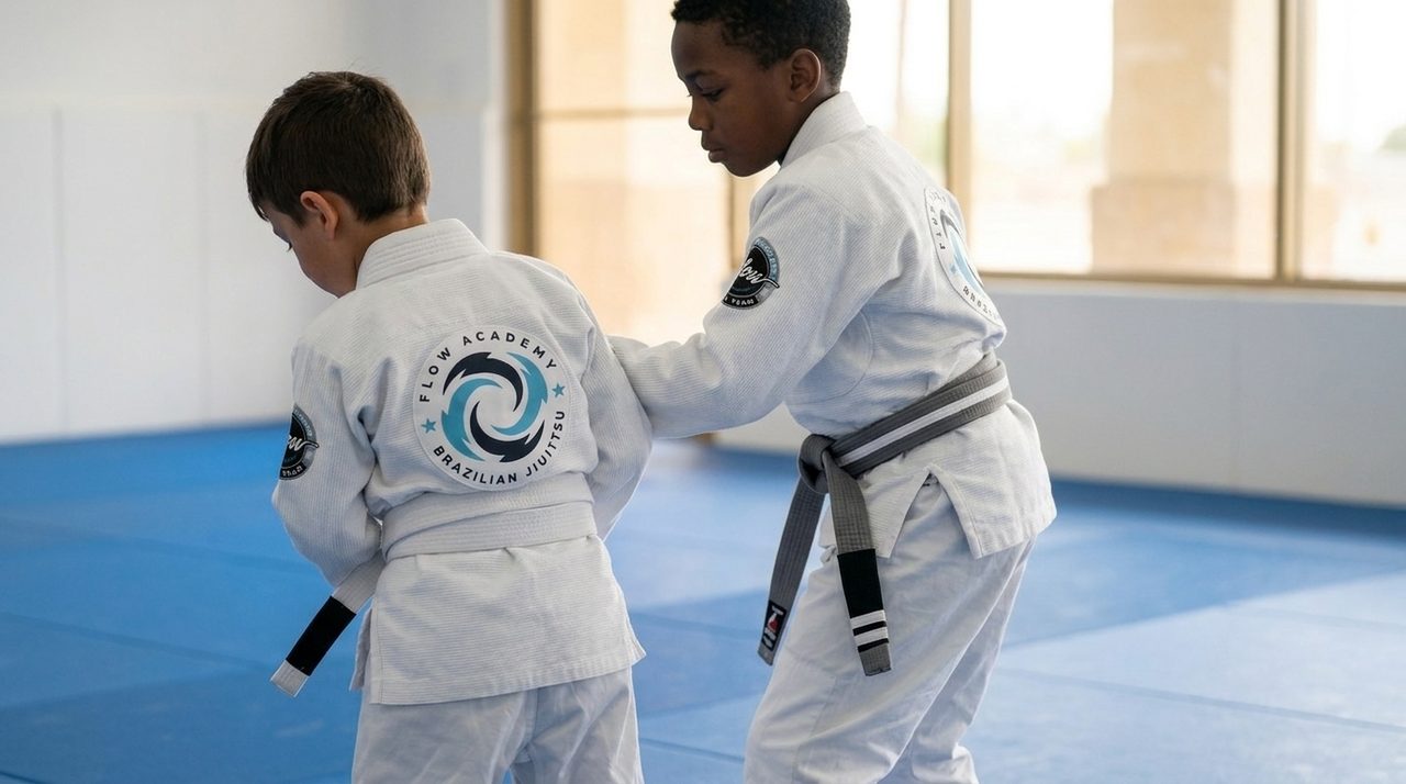 Dos niños con gi blanco de Flow Academy chocan la mano antes de practicar en pareja sobre un tapete azul brillante, uno visto de espaldas mostrando el parche y el otro de perfil con el rostro volteado, en Flow Academy BJJ Indio.