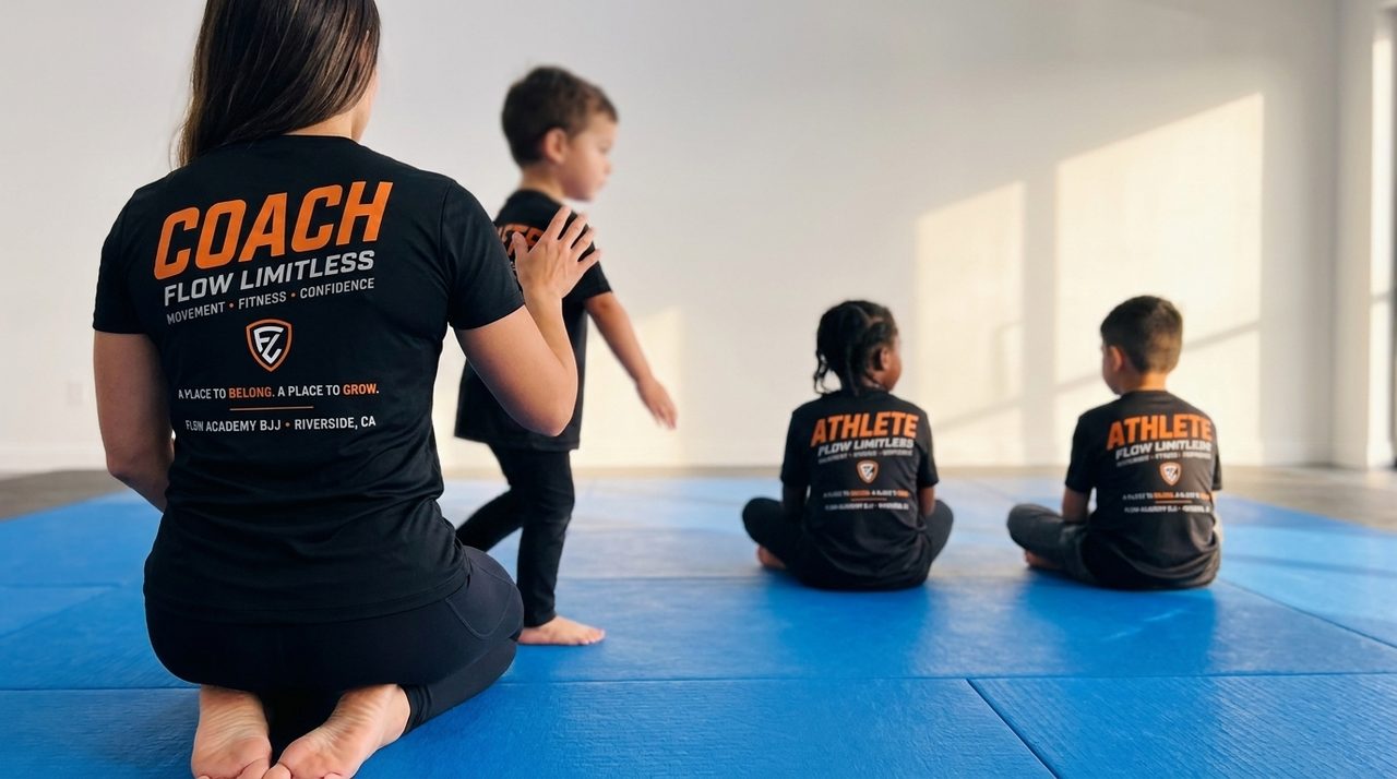Un entrenador anónimo con playera negra FLOW LIMITLESS COACH está de espaldas a la cámara junto a un niño pequeño con playera ATHLETE dando un primer paso con cuidado, con dos niños más con playeras ATHLETE sentados con las piernas cruzadas al fondo en Flow Academy BJJ Indio.