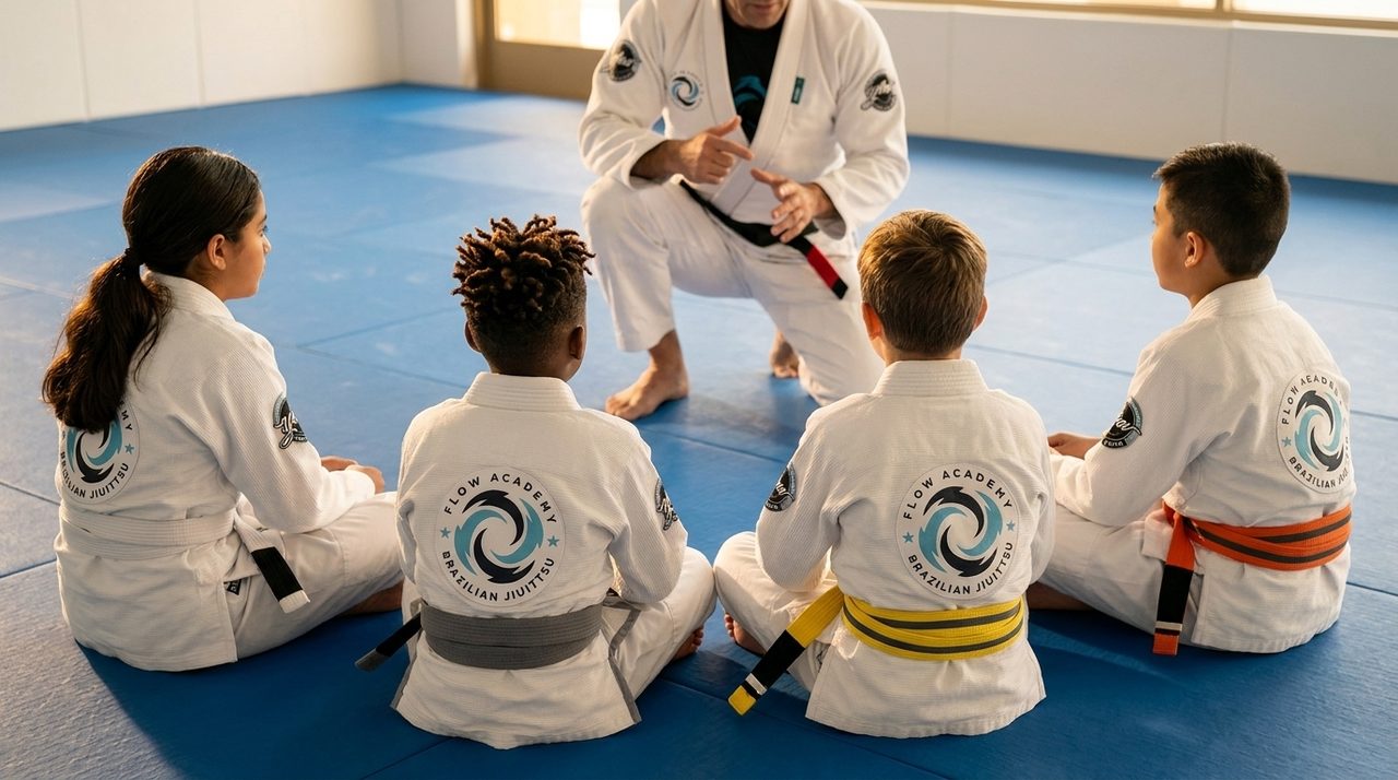 Cuatro estudiantes de secundaria con gis blancos de Flow Academy y cinturones de colores se sientan en el tatami azul, vistos de espaldas, escuchando a un instructor con cinturón negro y barra roja que está en cuclillas frente a ellos en la clase juvenil de Jiu-Jitsu de las 6 PM en Flow Academy BJJ Indio.