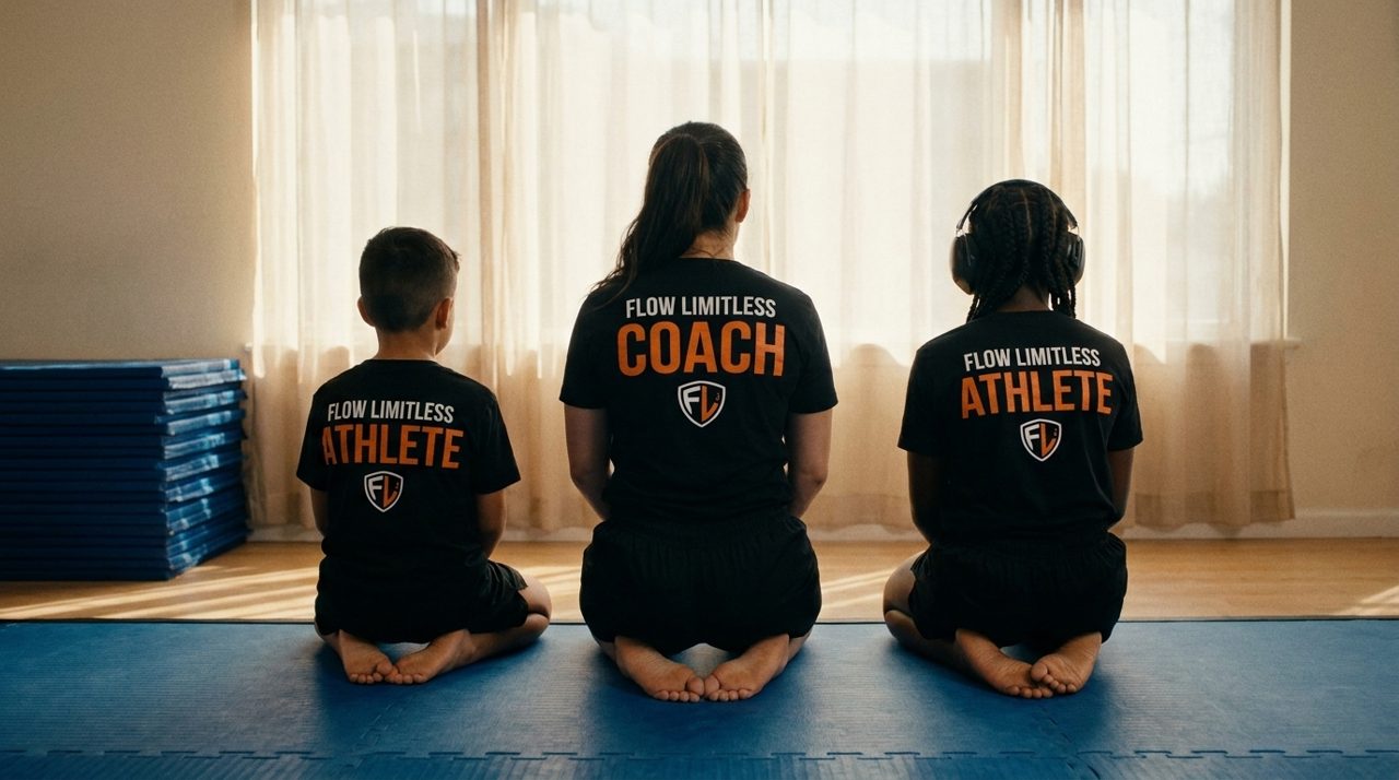 Three people seen from behind sit on blue mats in front of a curtained window: two children in black Flow Limitless ATHLETE tees, one wearing over-ear ear defenders, and an instructor in a black Flow Limitless COACH tee, in a softly lit, empty room at Flow Academy BJJ Indio.