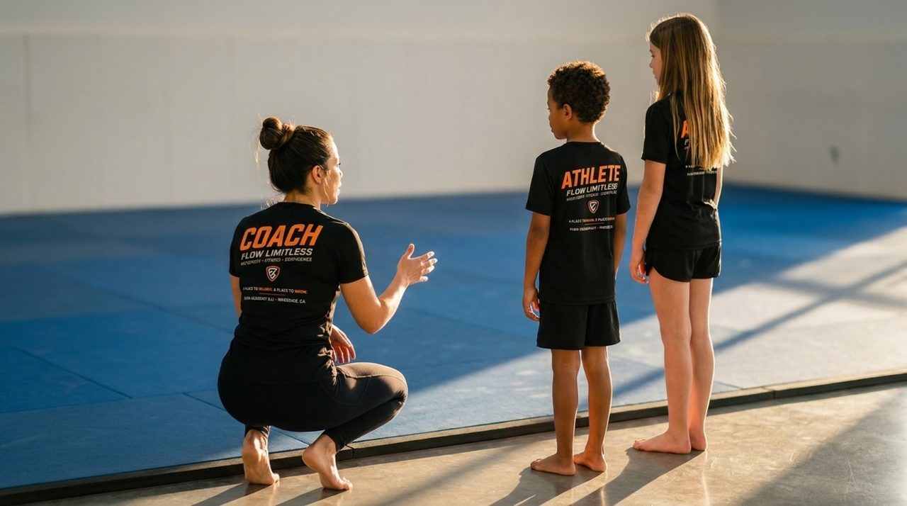 Una instructora con playera negra Flow Limitless COACH se agacha a la orilla de un tapete azul y señala hacia él, junto a dos niños descalzos con playeras negras Flow Limitless ATHLETE, vistos de espalda y de perfil, en un salón vacío y soleado de Flow Academy BJJ Indio.