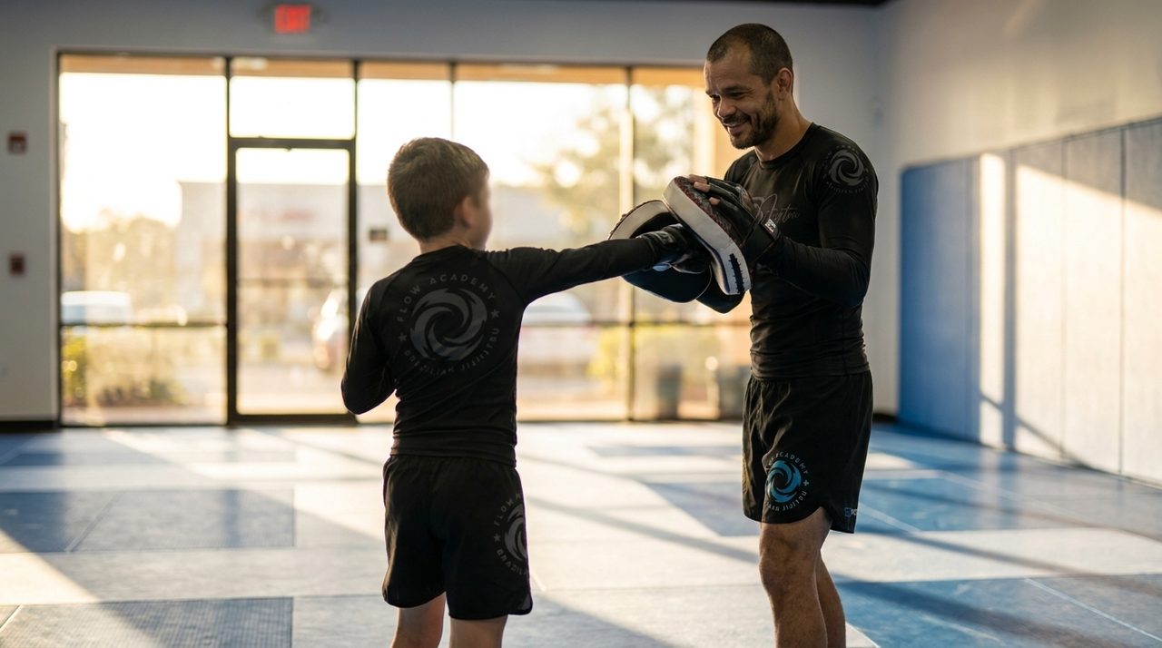 El Coach Adrian, con ropa negra de Flow Academy, sostiene manoplas para un alumno joven, visto casi de espaldas, que lanza un jab con la luz de la tarde en Flow Academy BJJ Indio.