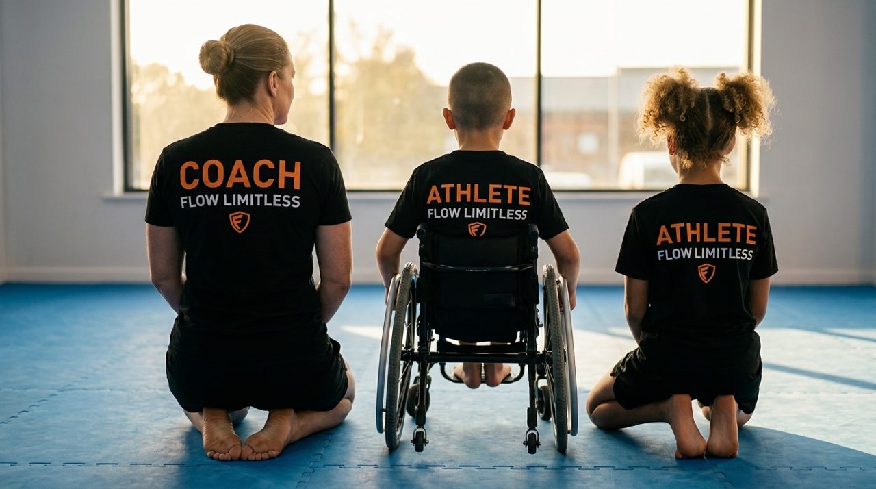 From behind, a female instructor in a black Flow Limitless COACH tee kneels on a blue mat beside a boy in a wheelchair and a girl, both in black Flow Limitless ATHLETE tees, facing a sunlit window at Flow Academy BJJ Indio.
