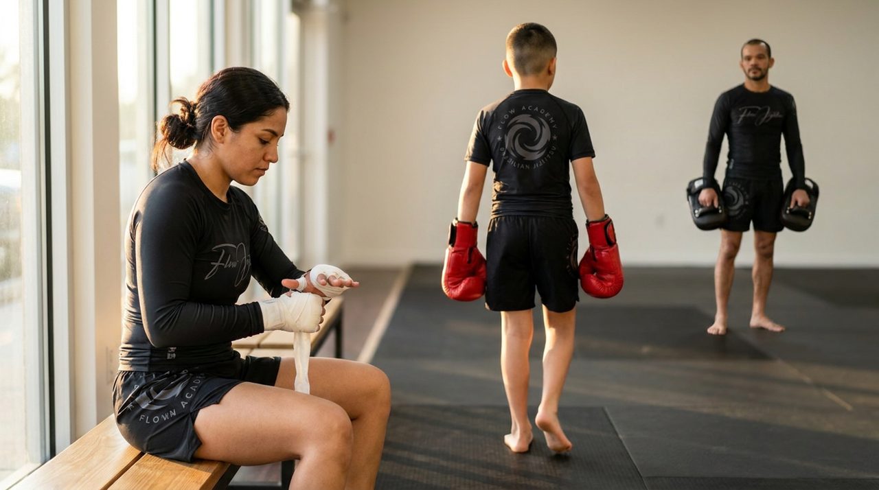 Inside the academy at Flow Academy BJJ Indio, an adult woman in black Flow gear wraps her hands on a bench by the mat while a boy, seen from behind in black Flow gear and red gloves, walks across the mat toward Coach Adrian, who holds Thai pads in the background.