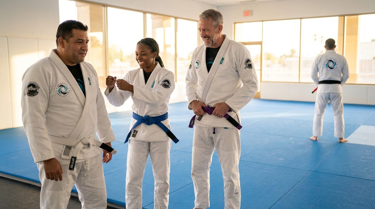 A nervous new student in a white gi and white belt smiles at the edge of the mat while a woman in a blue belt offers a fist bump and a man in a purple belt laughs, with an instructor in a black belt with a red bar setting up from behind at Flow Academy BJJ Indio.