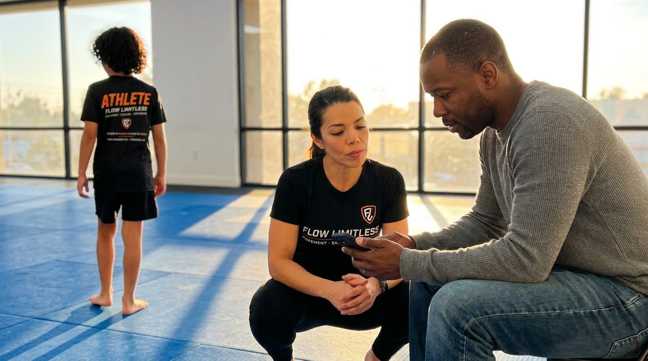Una instructora con playera negra de Flow Limitless se agacha en la orilla de un tapete azul y mira el celular de un papá sentado con suéter gris, mientras un niño descalzo con playera negra Flow Limitless ATHLETE, visto de espaldas, mira hacia una ventana soleada en Flow Academy BJJ Indio.