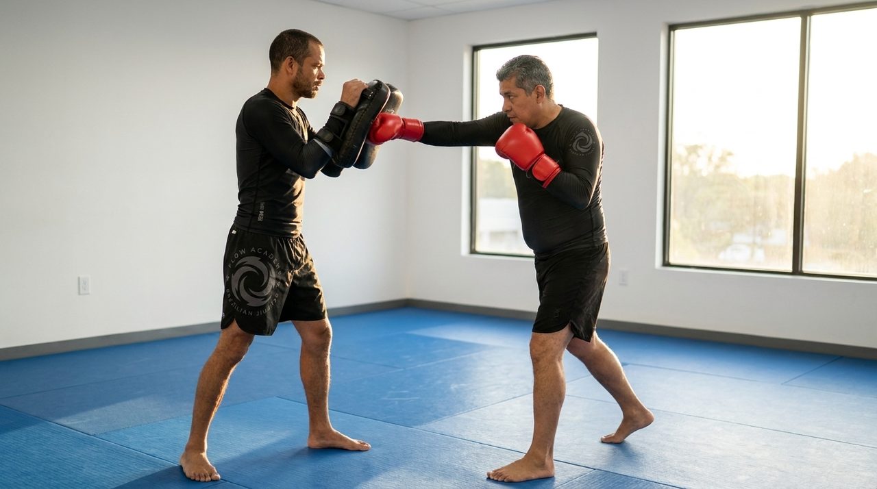 Dentro de Flow Academy BJJ Indio por la tarde, el Coach Adrian sostiene manoplas mientras un adulto principiante de pelo canoso, con ropa negra de Flow y guantes rojos, lanza un jab lento a la manopla.