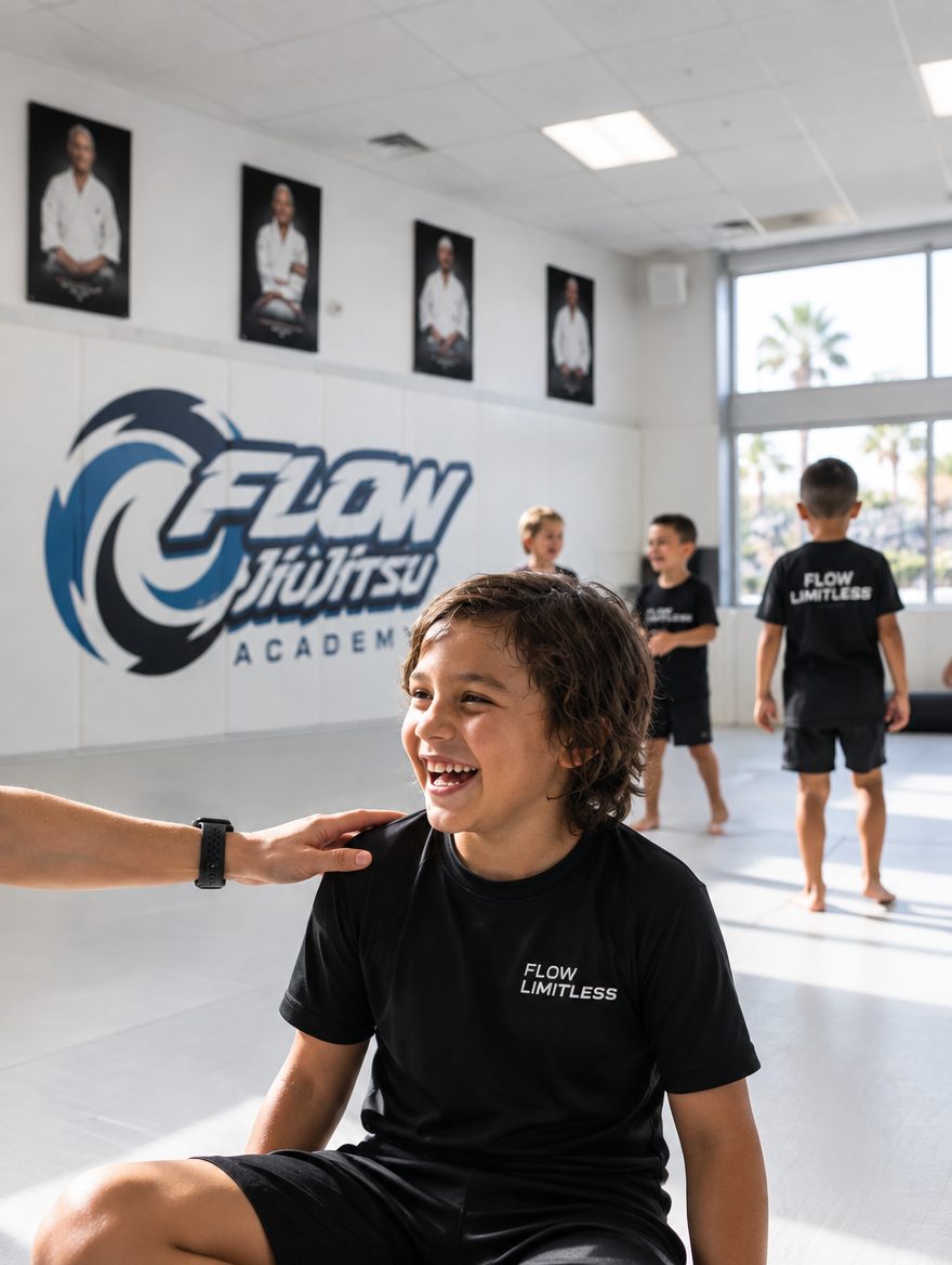 Un estudiante sonriendo durante una clase de artes marciales adaptadas Flow Limitless en Flow Academy Indio, con la mano de un entrenador en su hombro