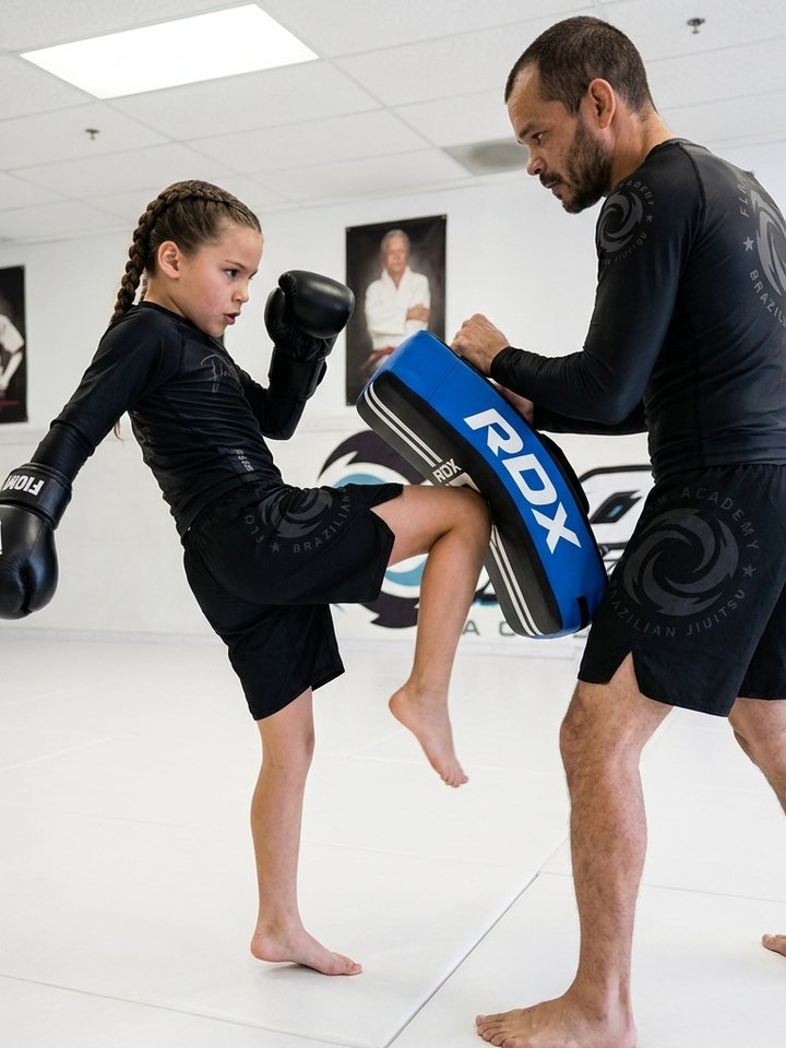 Youth Muay Thai student striking a pad at Flow Academy Indio